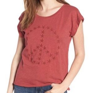 Lucky Brand Faded Red Peace Sign Embroidered Top M